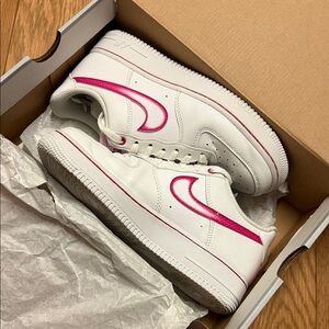 Size 8 Nike Air Force 1 White and Fireberry Pink Sneakers